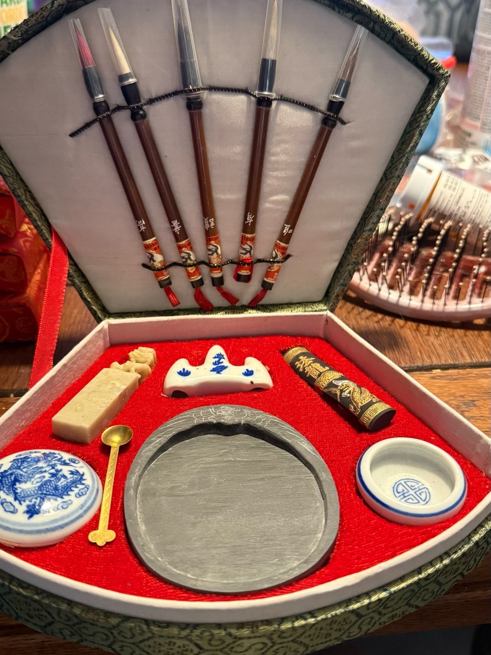 Vintage Chinese Calligraphy Set Drawing Brushes Ink Stick Stone Well
